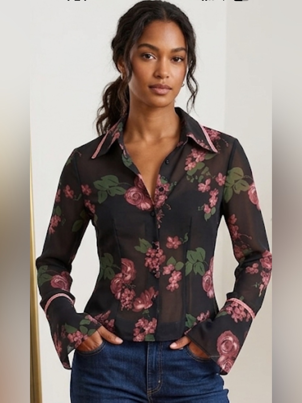 Sisley Sheer Black Floral Button-Front Blouse with Pink Rose Print Like new